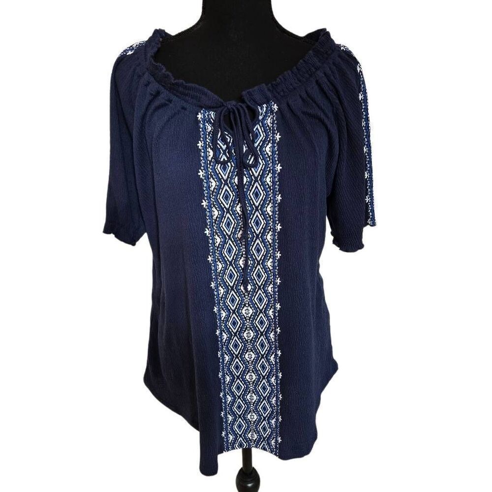 Allie & Rob Womens Navy Blue White Embroidered Short Sleeve Peasant Blouse 1X